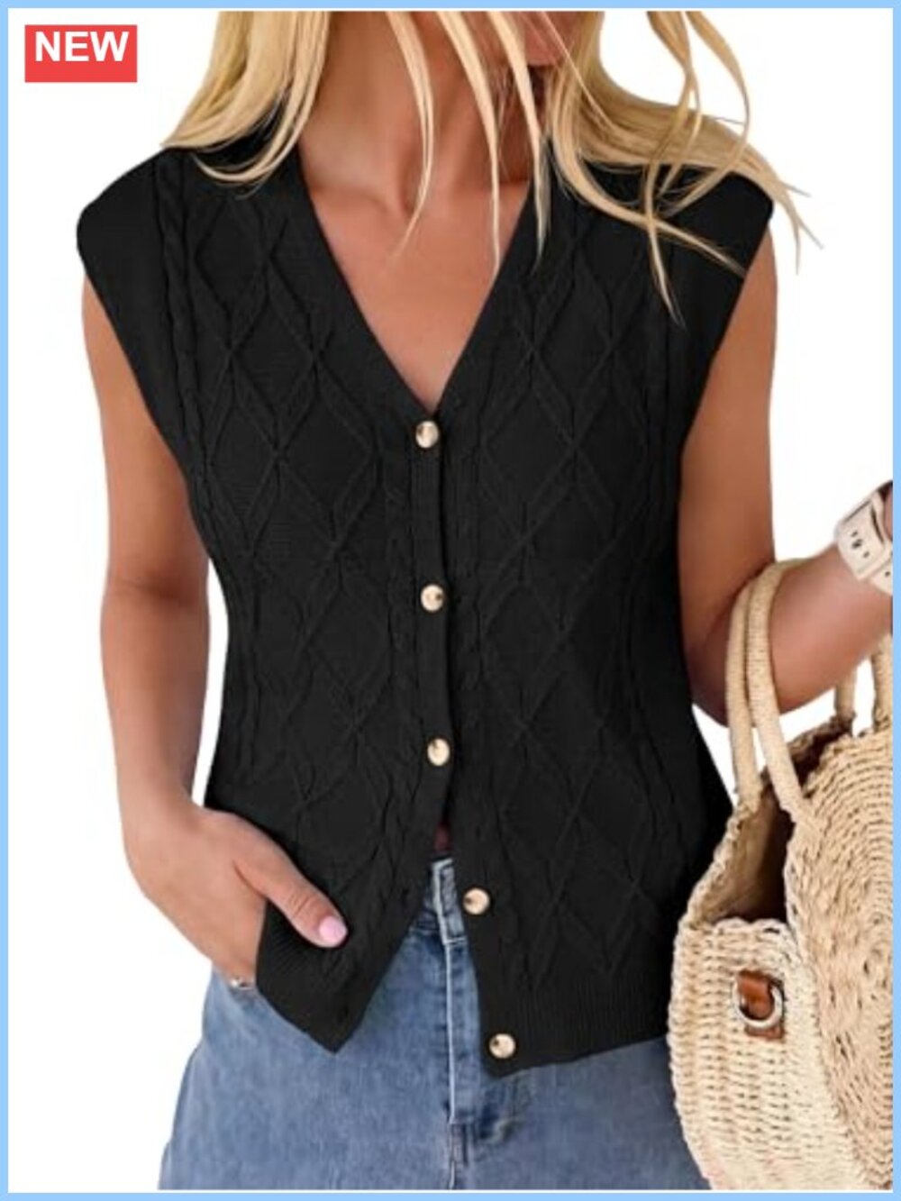 Womens V Neck Button Down Sweater Vest Lightweight Cap Sleeve Cable Knit